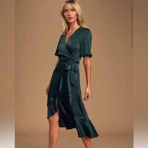 Wrapped Up In Love Dark Green Satin Faux Mini Dress